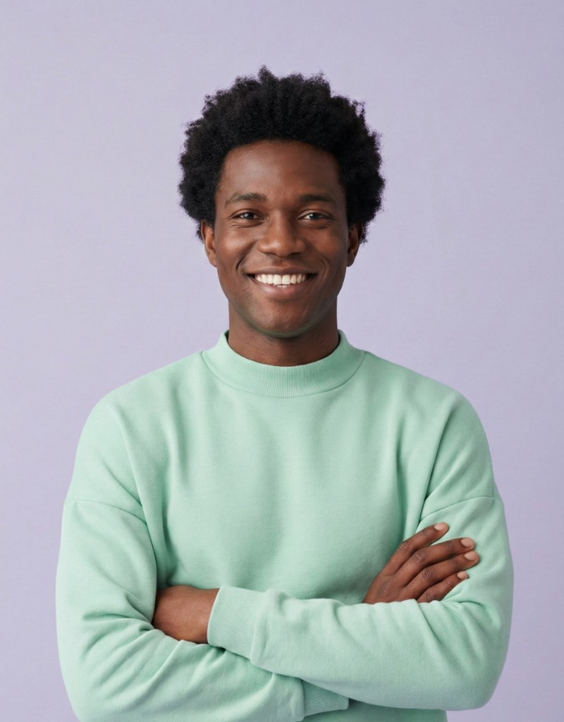 Growth strategist with arms crossed, smiling in a studio portrait
